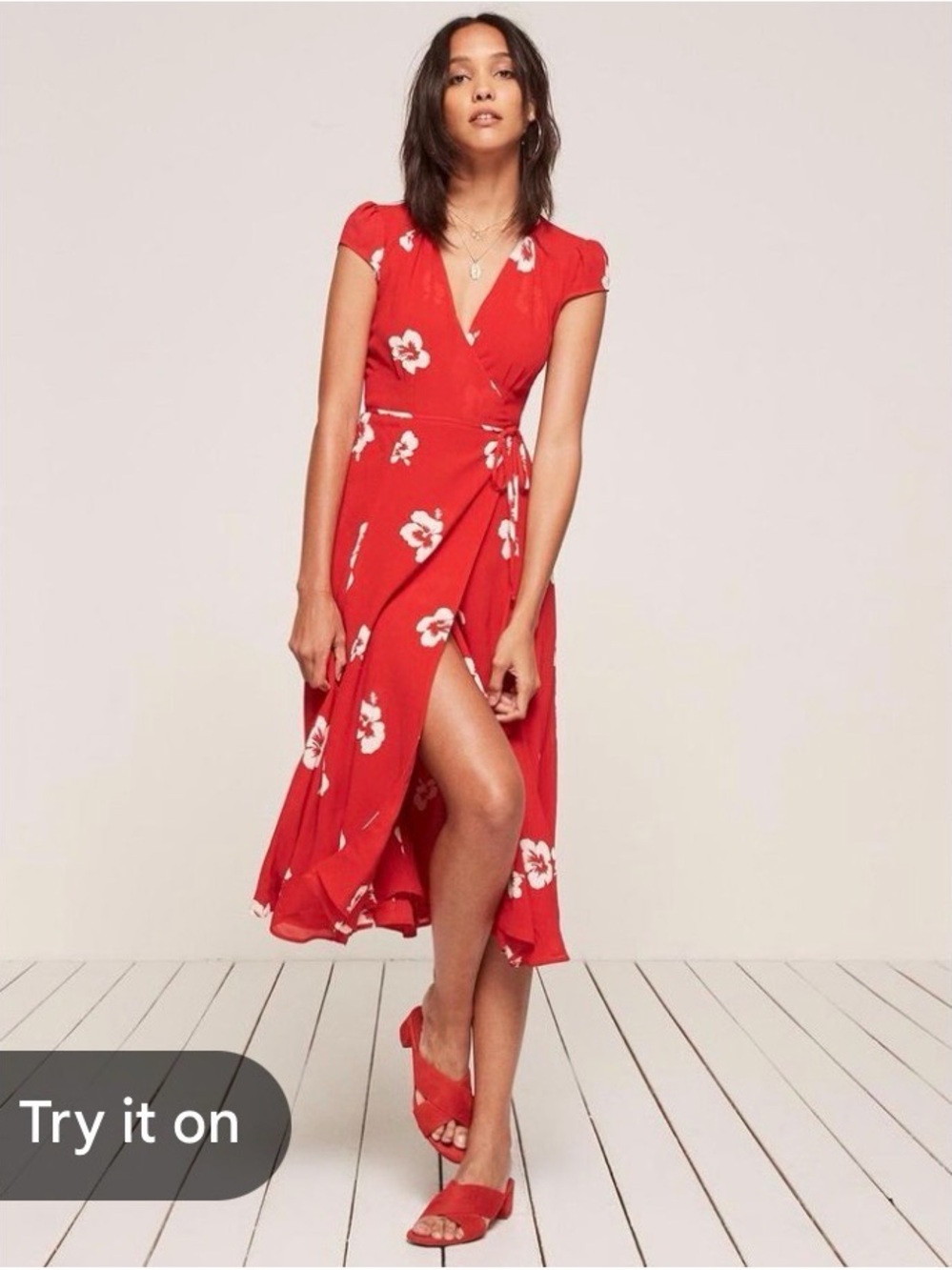 Reformation Carina Red Floral Wrap Midi Dress